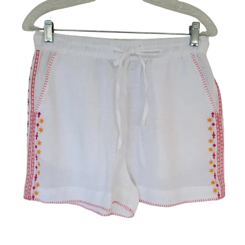 Cynthia Rowley White Linen Shorts Embroidered Multicolor Trim Size M Women